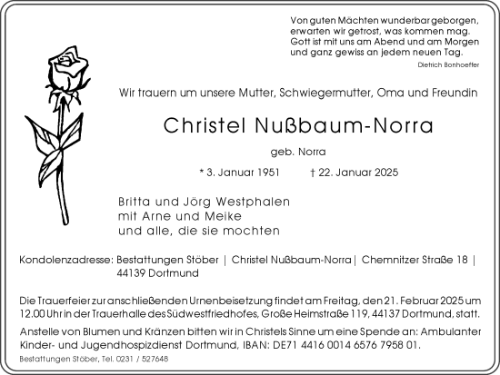 Traueranzeige von Christel Nußbaum-Norra von Ruhr Nachrichten