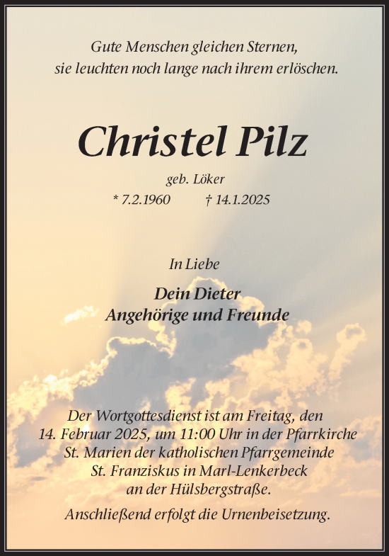 Traueranzeige von Christel Pilz von Trauer Vest