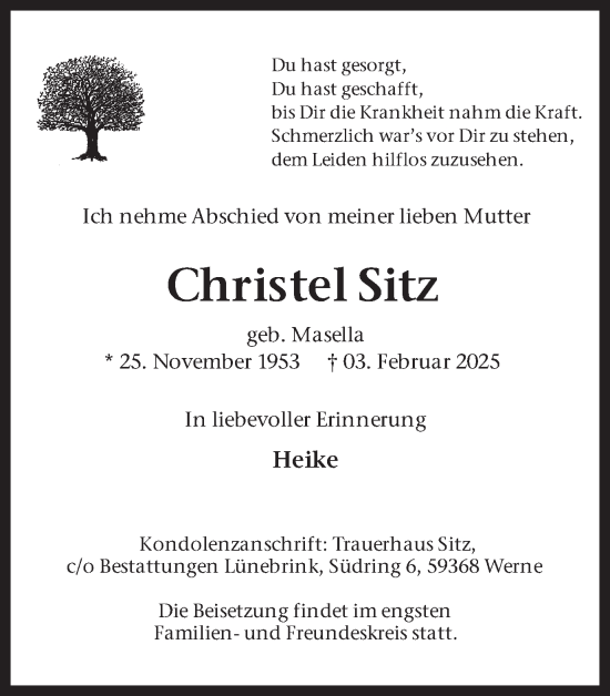Traueranzeige von Christel Sitz von Ruhr Nachrichten