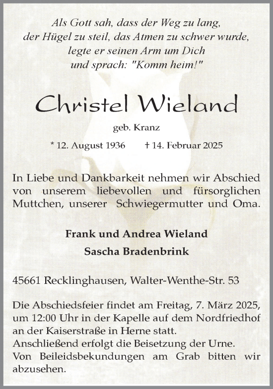 Traueranzeige von Christel Wieland von Trauer Vest