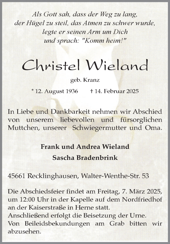  Traueranzeige für Christel Wieland vom 01.03.2025 aus Trauer Vest