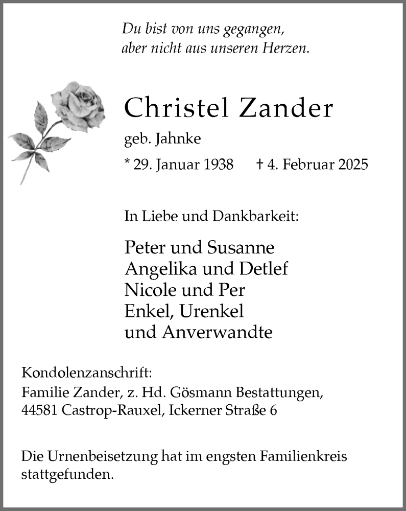  Traueranzeige für Christel Zander vom 15.02.2025 aus Stadtanzeiger Castrop-Rauxel