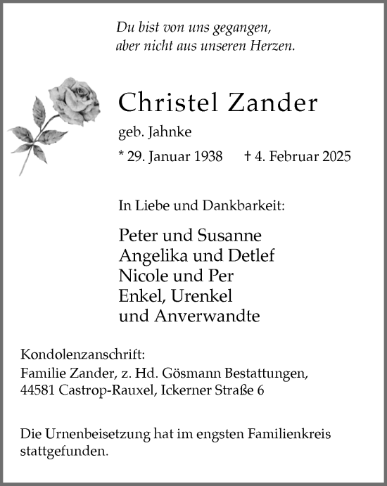 Traueranzeige von Christel Zander von Stadtanzeiger Castrop-Rauxel