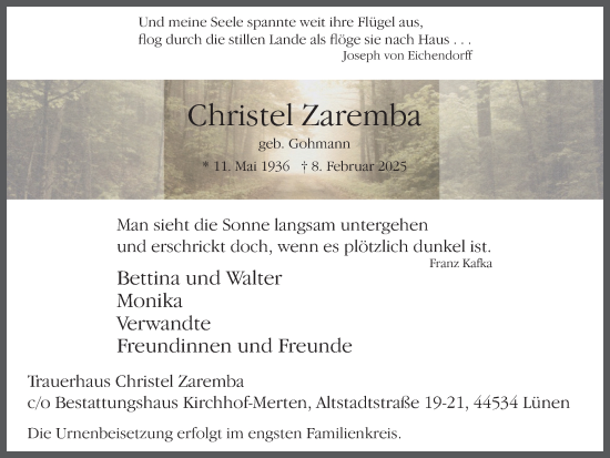 Traueranzeige von Christel Zaremba von Lüner Anzeiger