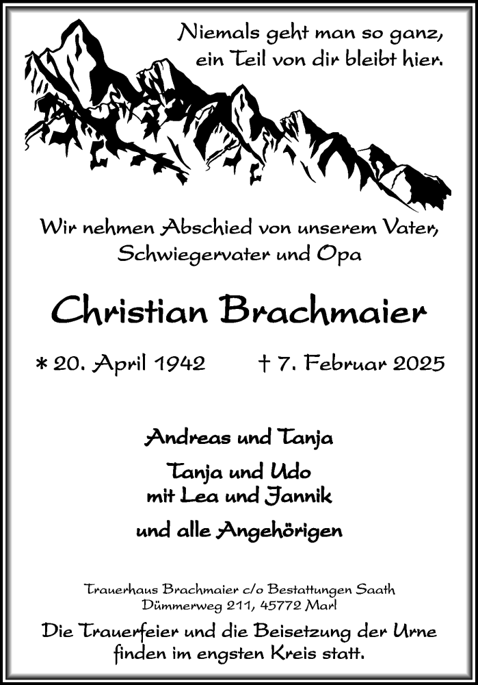  Traueranzeige für Christian Brachmaier vom 12.02.2025 aus Trauer Vest