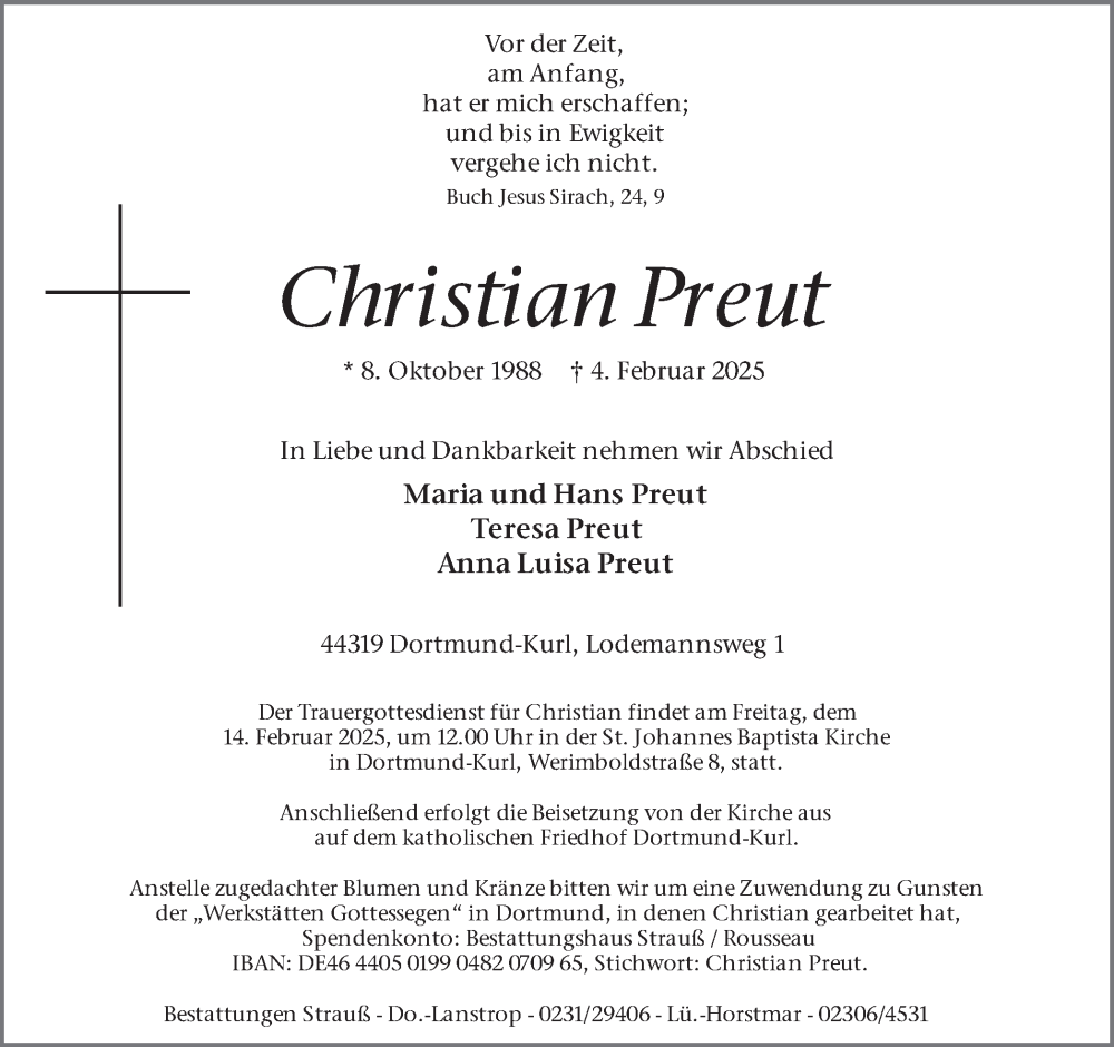  Traueranzeige für Christian Preut vom 08.02.2025 aus Ruhr Nachrichten