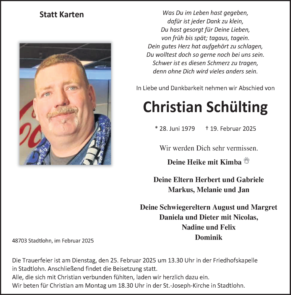  Traueranzeige für Christian Schülting vom 22.02.2025 aus Münsterland Zeitung