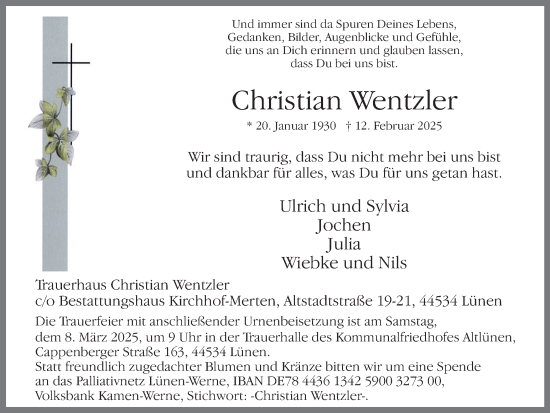 Traueranzeige von Christian Wentzler von Ruhr Nachrichten