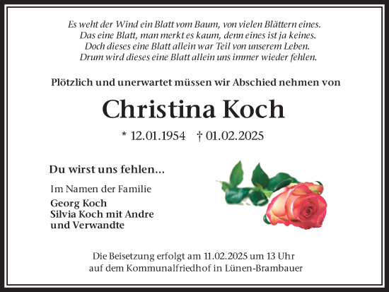 Traueranzeige von Christina Koch von Ruhr Nachrichten