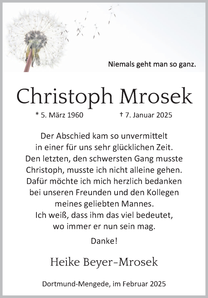  Traueranzeige für Christoph Mrosek vom 22.02.2025 aus Trauer Vest
