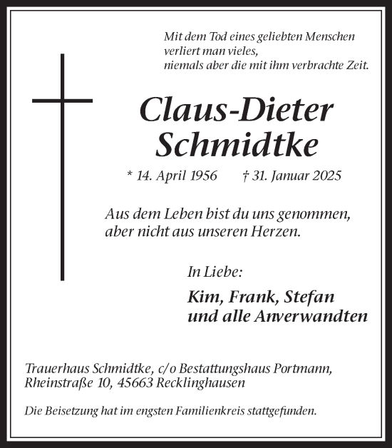 Traueranzeige von Claus-Dieter Schmidtke von Trauer Vest