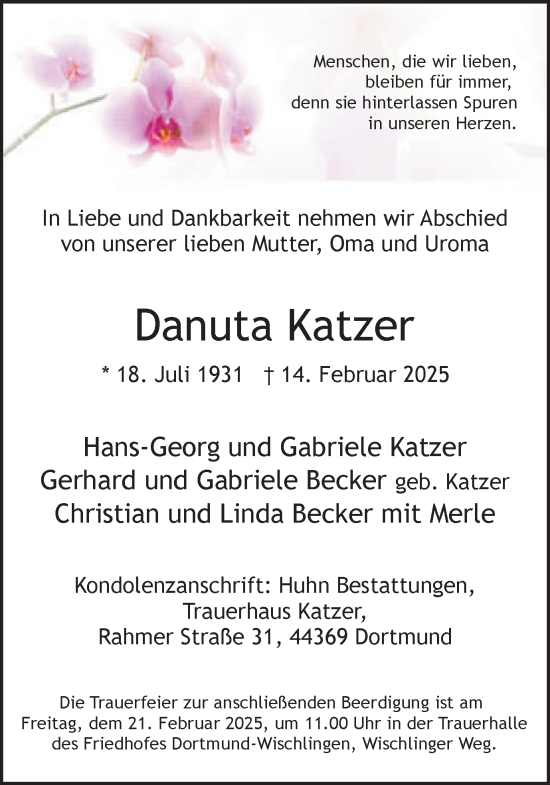 Traueranzeige von Danuta Katzer von Ruhr Nachrichten