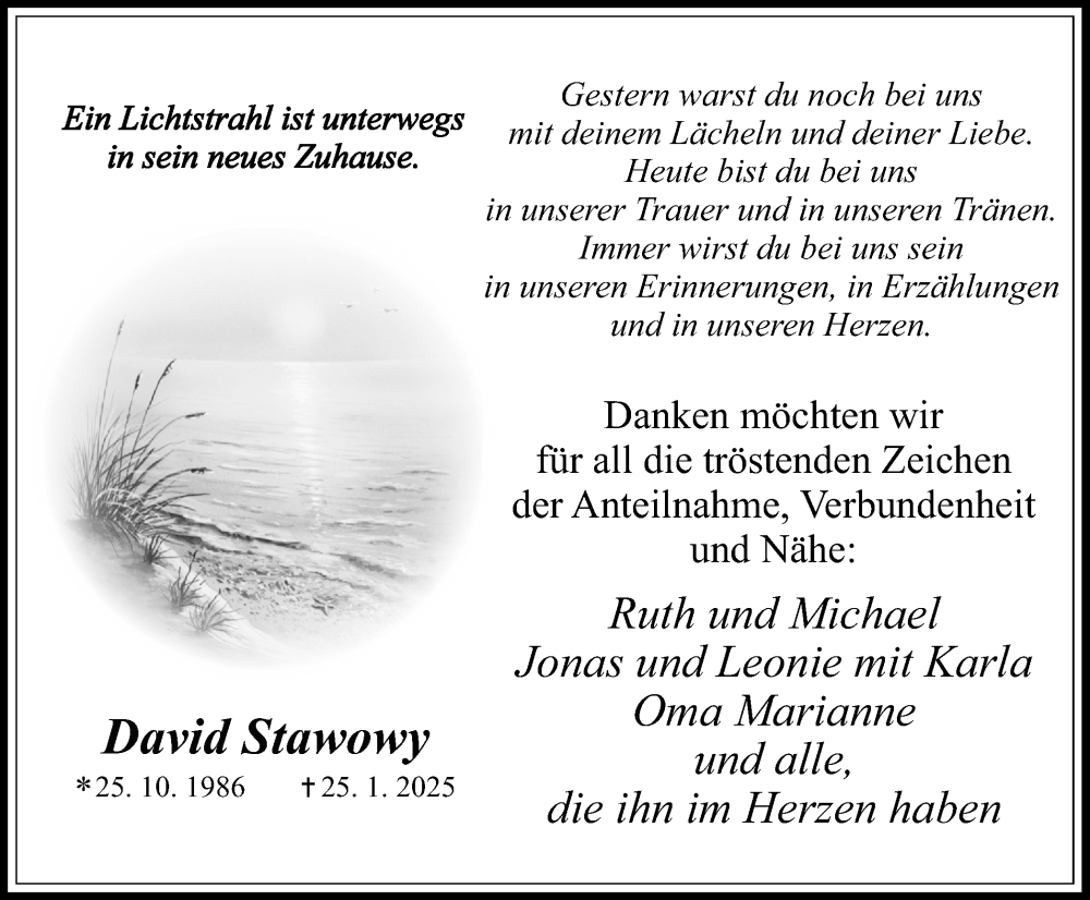  Traueranzeige für David Stawowy vom 08.02.2025 aus Trauer Vest