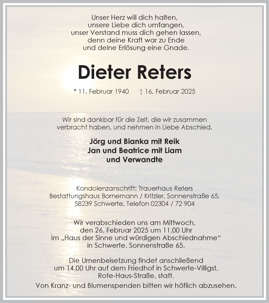  Traueranzeige für Dieter Reters vom 22.02.2025 aus Ruhr Nachrichten