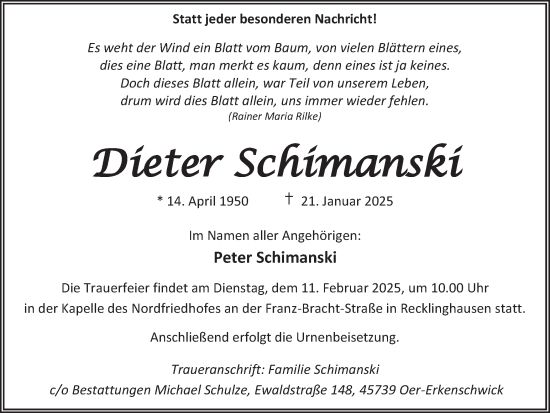 Traueranzeige von Dieter Schimanski von Trauer Vest