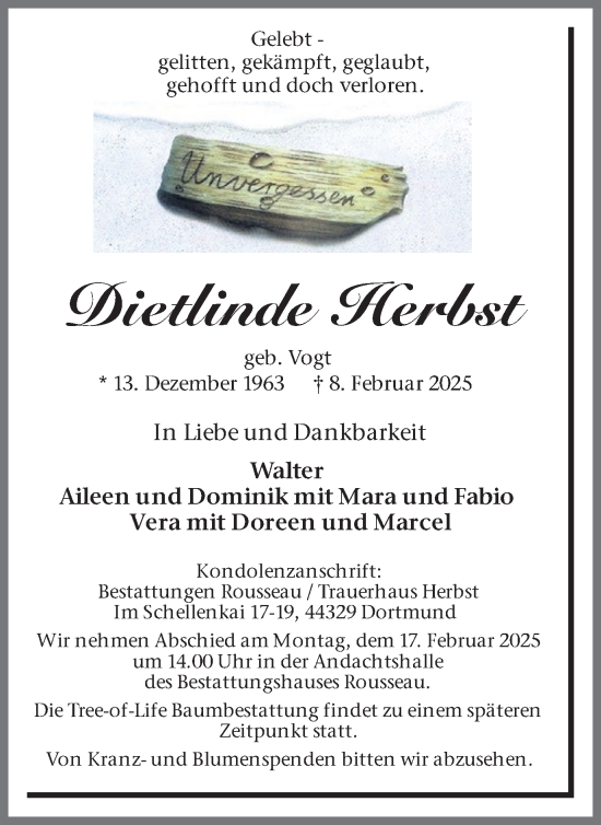 Traueranzeige von Dietlinde Herbst von Lüner Anzeiger