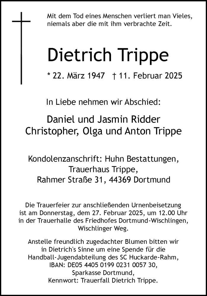  Traueranzeige für Dietrich Trippe vom 22.02.2025 aus Ruhr Nachrichten