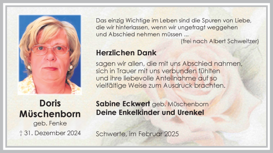 Traueranzeige von Doris Müschenborn von Ruhr Nachrichten