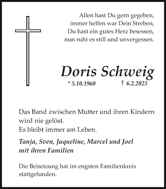 Traueranzeige von Doris Schweig von Trauer Vest