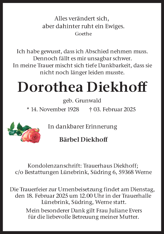 Traueranzeige von Dorothea Diekhoff von Ruhr Nachrichten
