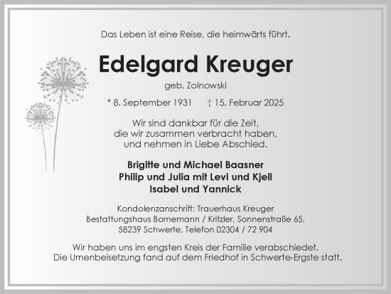 Traueranzeige von Edelgard Kreuger von Ruhr Nachrichten