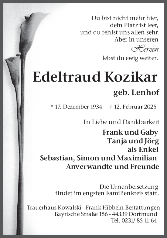 Traueranzeige von Edeltraud Kozikar von Ruhr Nachrichten