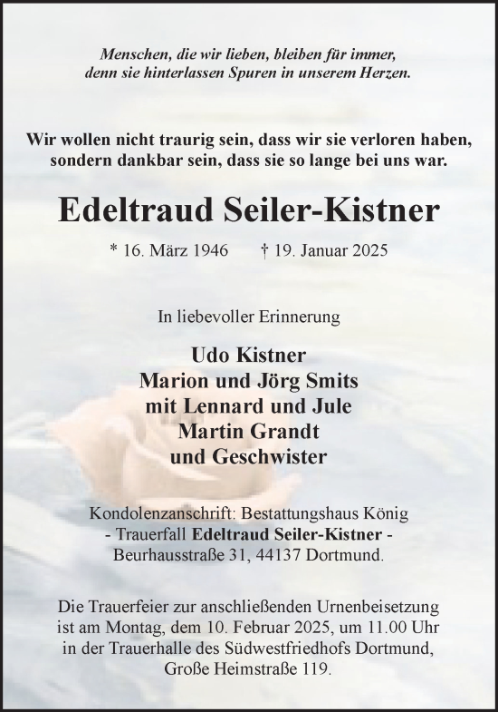 Traueranzeige von Edeltraud Seiler-Kistner von Ruhr Nachrichten