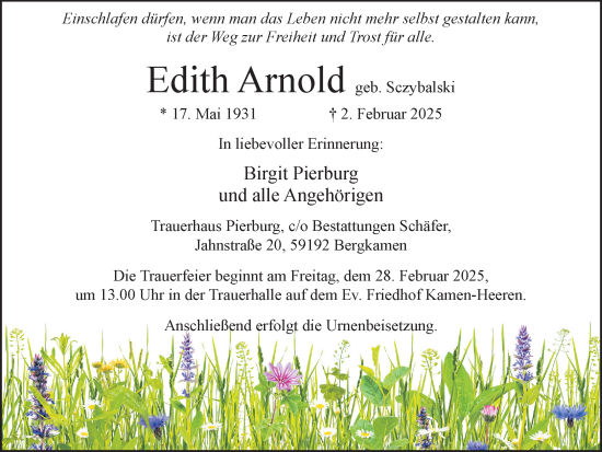 Traueranzeige von Edith Arnold von Hellweger Anzeiger