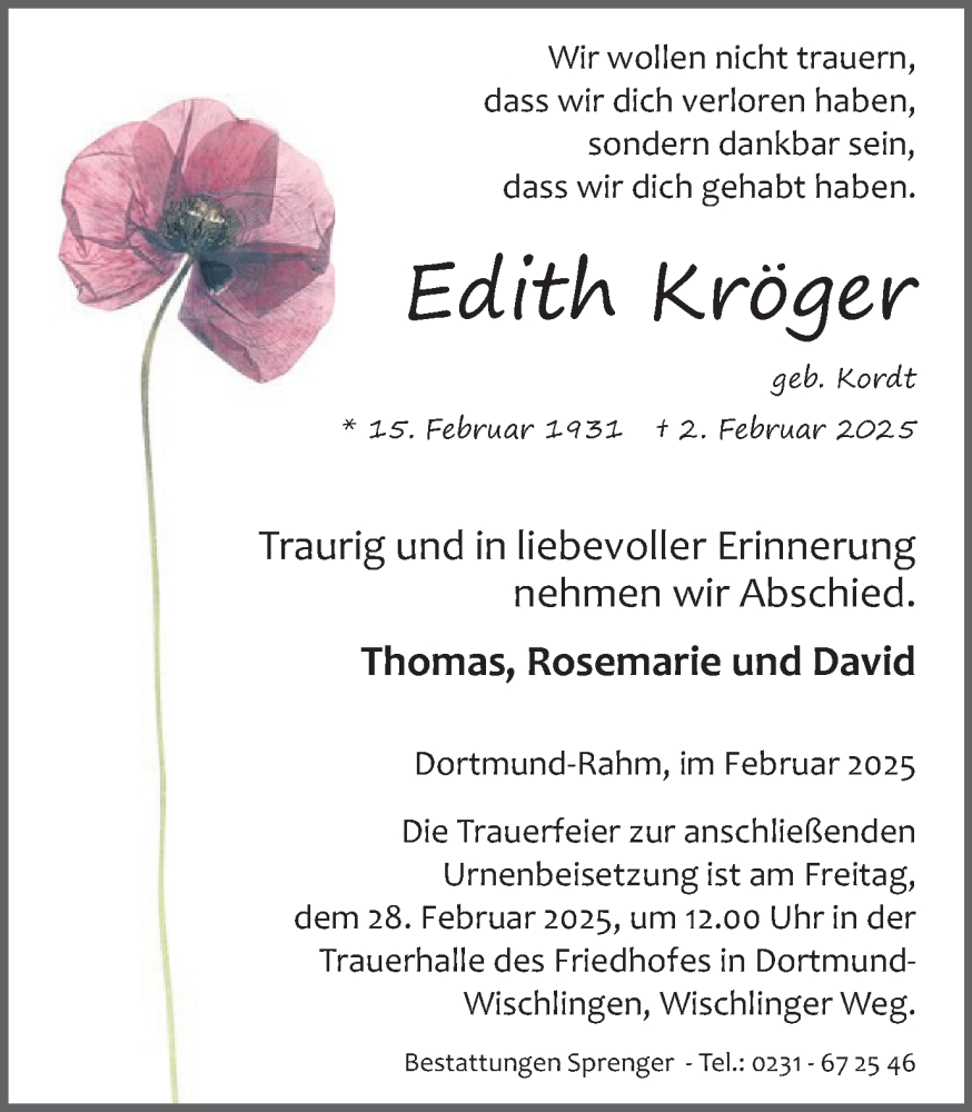  Traueranzeige für Edith Kröger vom 15.02.2025 aus Ruhr Nachrichten