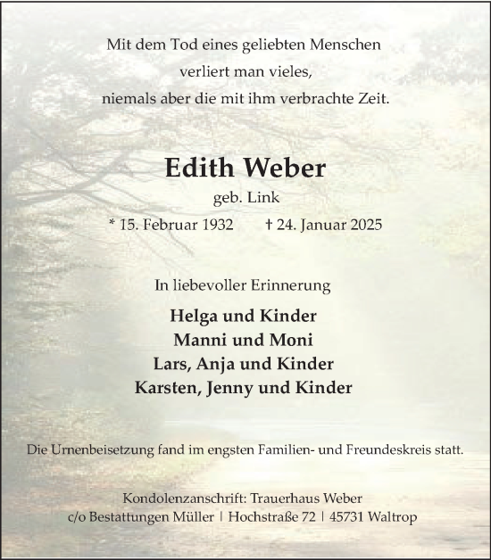 Traueranzeige von Edith Weber von Ruhr Nachrichten