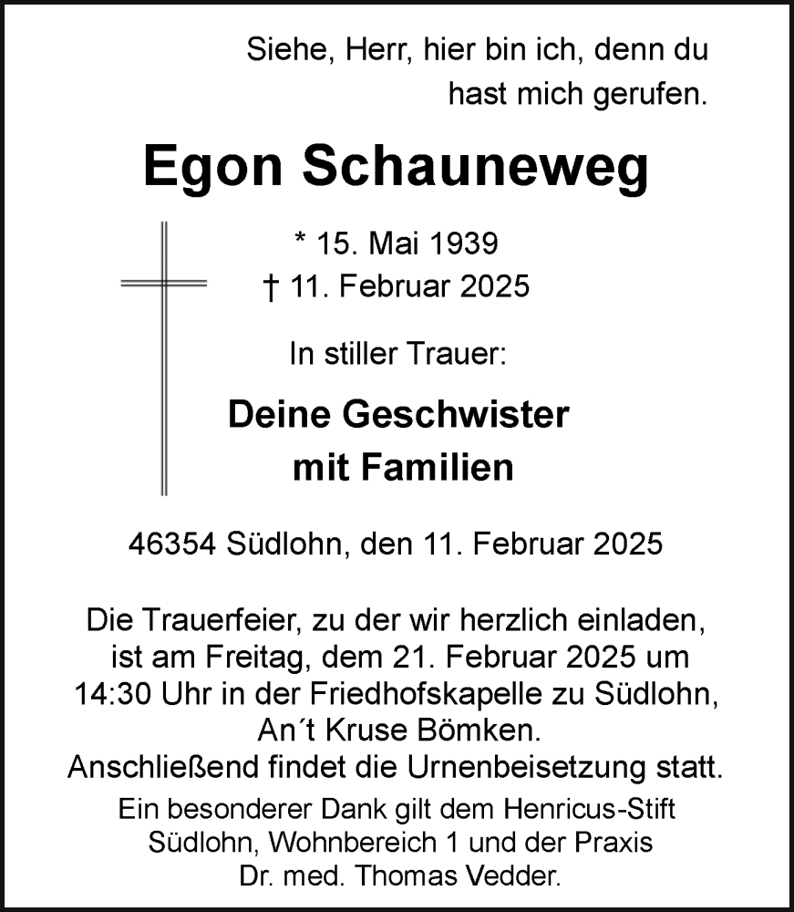  Traueranzeige für Egon Schauneweg vom 18.02.2025 aus Münsterland Zeitung