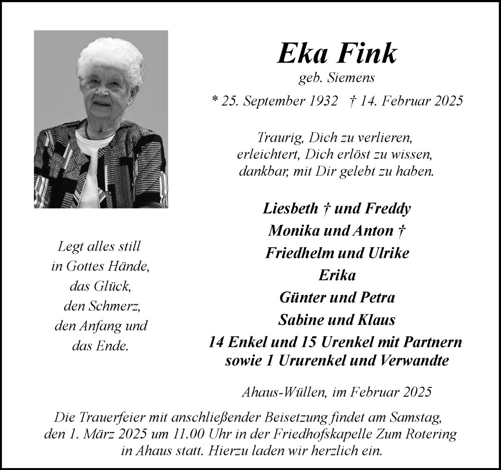  Traueranzeige für Eka Fink vom 22.02.2025 aus Münsterland Zeitung