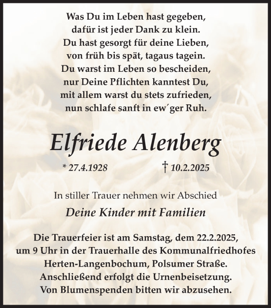 Traueranzeige von Elfriede Alenberg von Trauer Vest