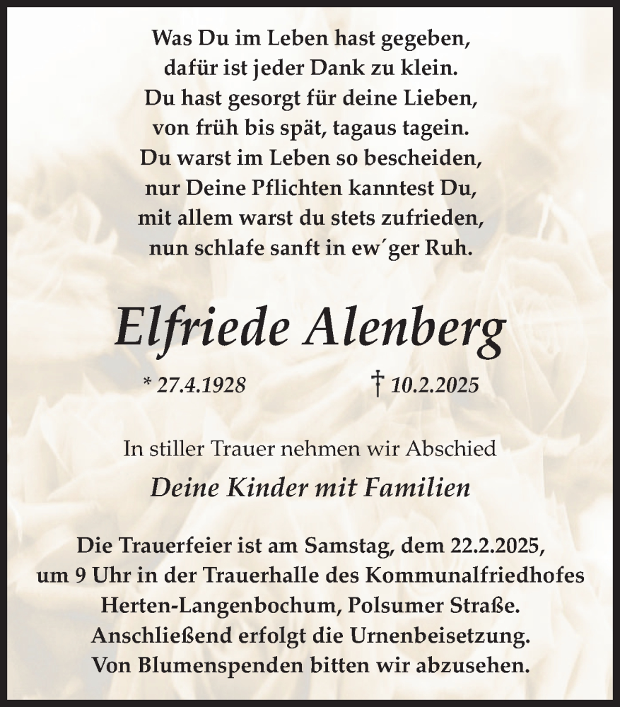  Traueranzeige für Elfriede Alenberg vom 15.02.2025 aus Trauer Vest