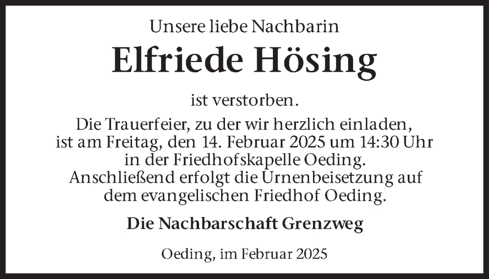  Traueranzeige für Elfriede Hösing vom 13.02.2025 aus Münsterland Zeitung