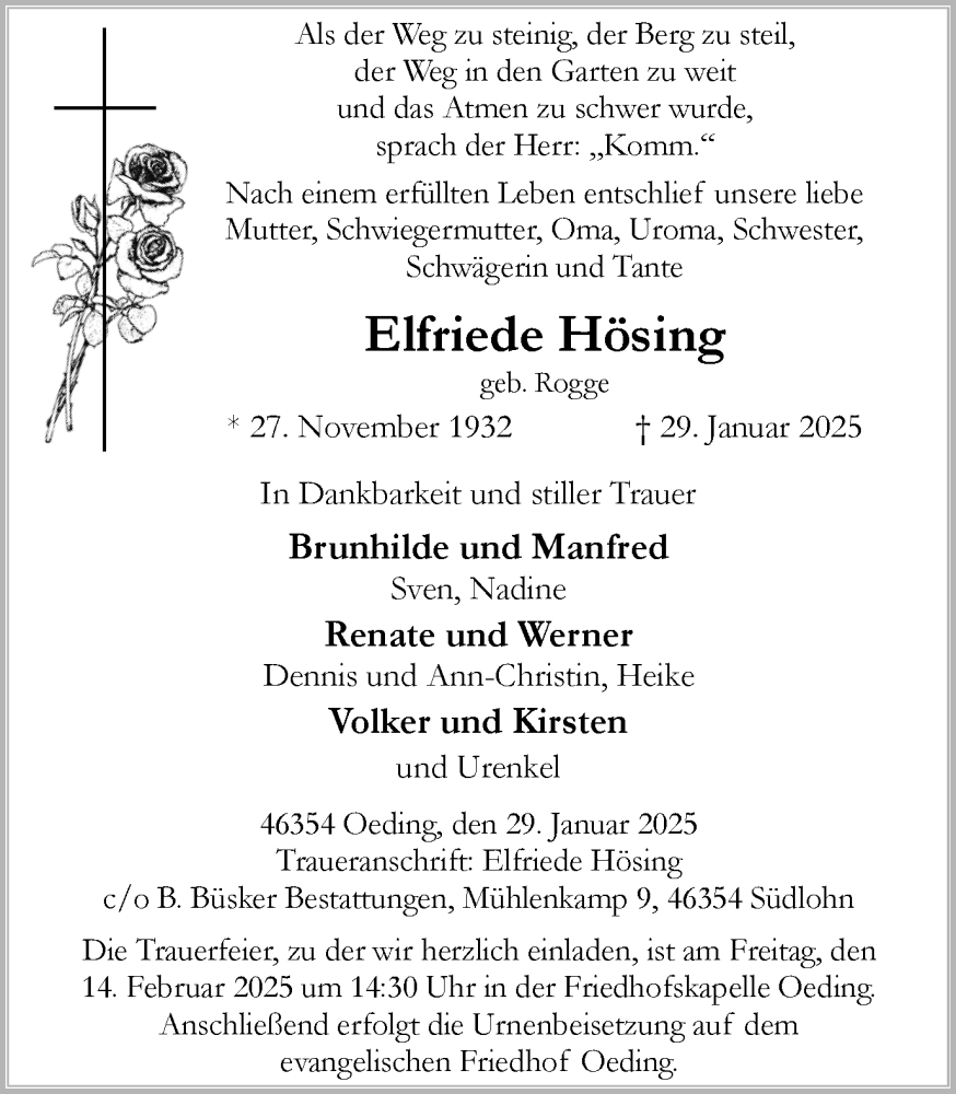 Traueranzeige für Elfriede Hösing vom 11.02.2025 aus Münsterland Zeitung