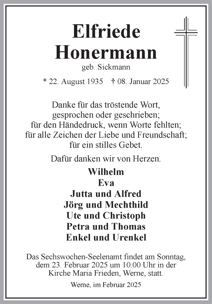  Traueranzeige für Elfriede Honermann vom 15.02.2025 aus Ruhr Nachrichten