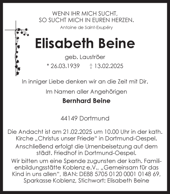 Traueranzeige von Elisabeth Beine von Ruhr Nachrichten