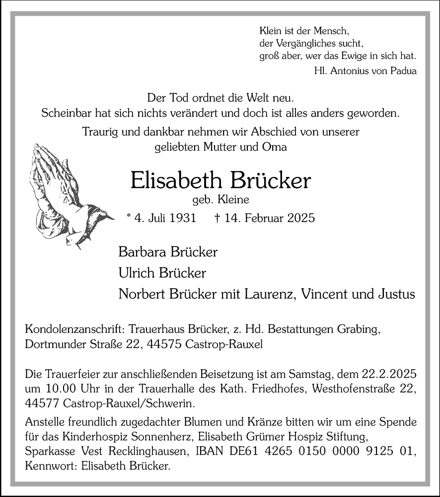 Traueranzeige für Elisabeth Brücker vom 22.02.2025 aus Stadtanzeiger Castrop-Rauxel
