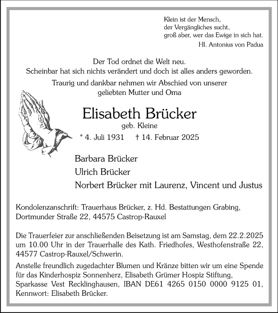 Traueranzeige von Elisabeth Brücker von Stadtanzeiger Castrop-Rauxel