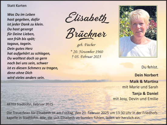 Traueranzeige von Elisabeth Brückner von Münsterland Zeitung