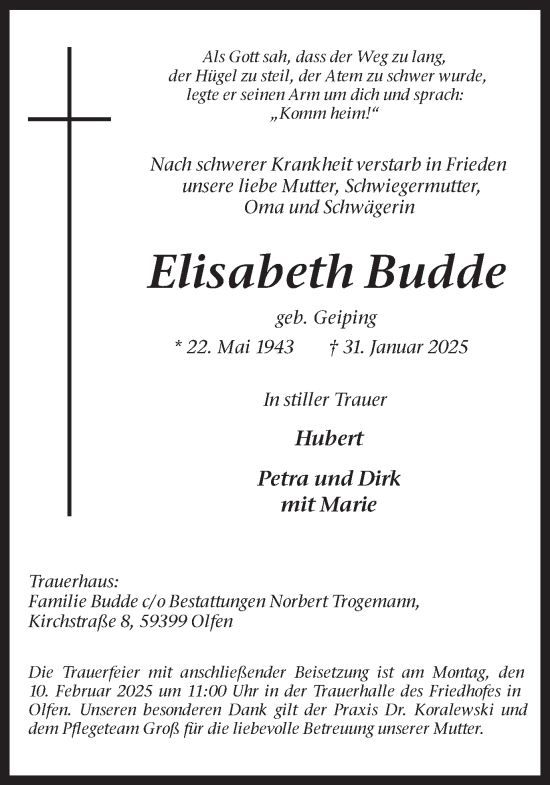 Traueranzeige von Elisabeth Budde von Ruhr Nachrichten
