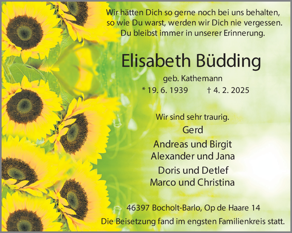  Traueranzeige für Elisabeth Büdding vom 11.02.2025 aus 