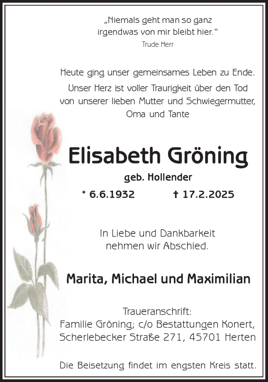 Traueranzeige von Elisabeth Gröning von Trauer Vest