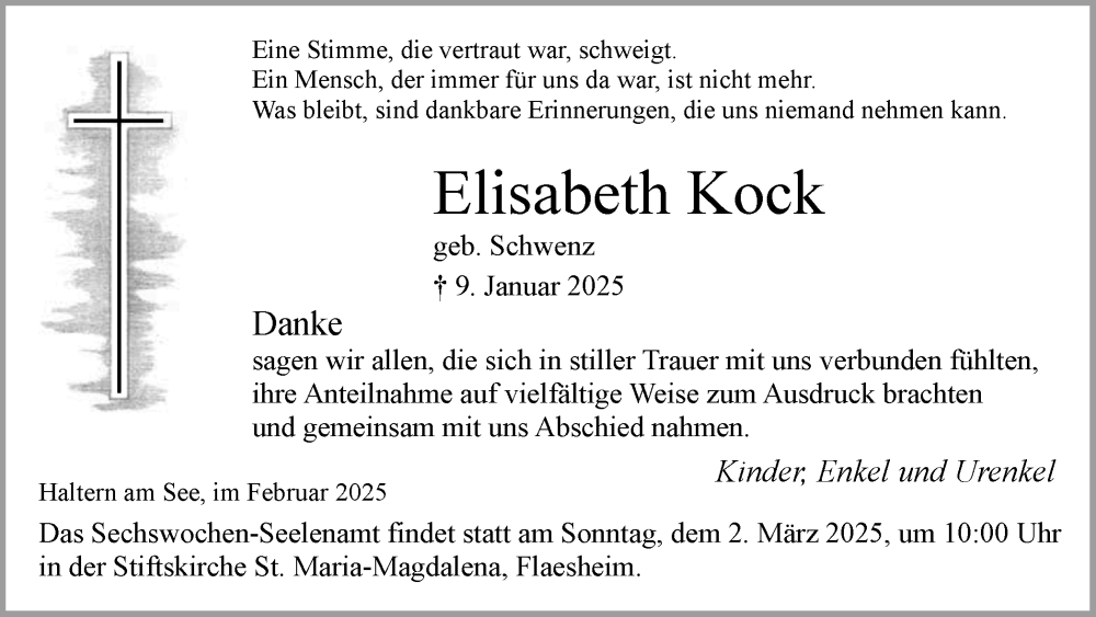  Traueranzeige für Elisabeth Kock vom 26.02.2025 aus Ruhr Nachrichten und Halterner Zeitung