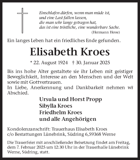 Traueranzeige von Elisabeth Kroes von Ruhr Nachrichten