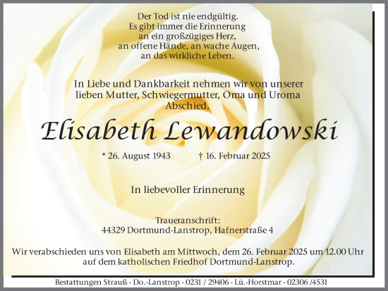 Traueranzeige von Elisabeth Lewandowski von Ruhr Nachrichten