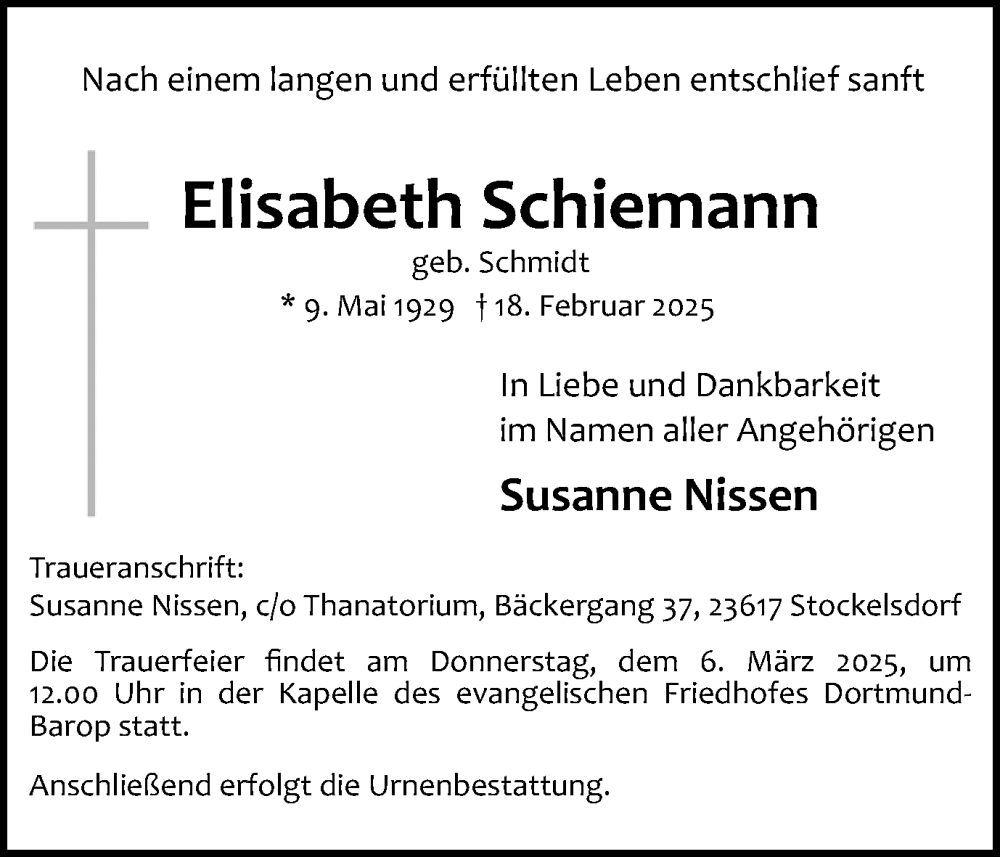  Traueranzeige für Elisabeth Schiemann vom 22.02.2025 aus Ruhr Nachrichten