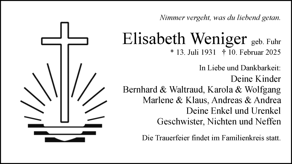  Traueranzeige für Elisabeth Weniger vom 22.02.2025 aus Hellweger Anzeiger