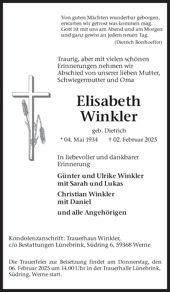  Traueranzeige für Elisabeth Winkler vom 05.02.2025 aus Ruhr Nachrichten